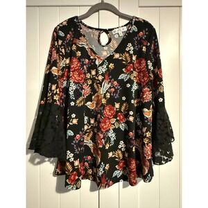 Stem & Vine Black Floral Bird Bell Sleeve Keyhole V Neck Blouse Top Womens L